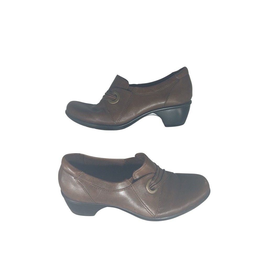 Clarks Bendables Leather‎ Loafers 7.5M Brown Block Heel Professional Careerwear